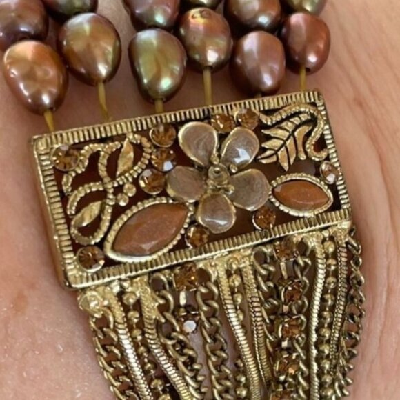 Vintage Multi-Strand Bronze Freshwater Pearl Bracelet w/Ornate Floral Inlay - Picture 7 of 8